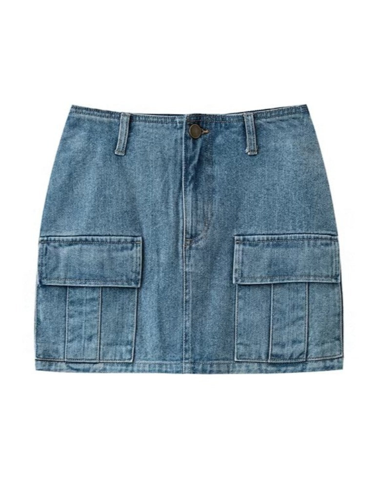 Front pocket short skirt solid color denim skirt half skirt