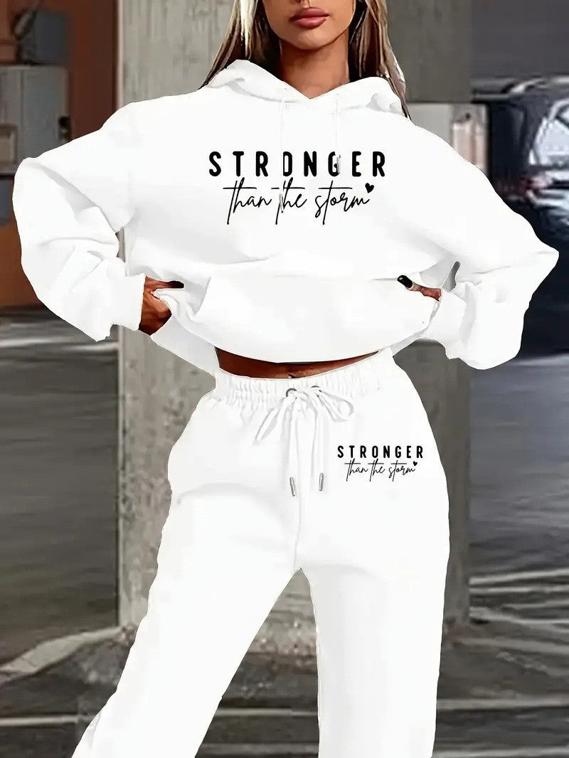 Hooded Letter Print Oversized Streetwear Casual Set with Fleece Lining