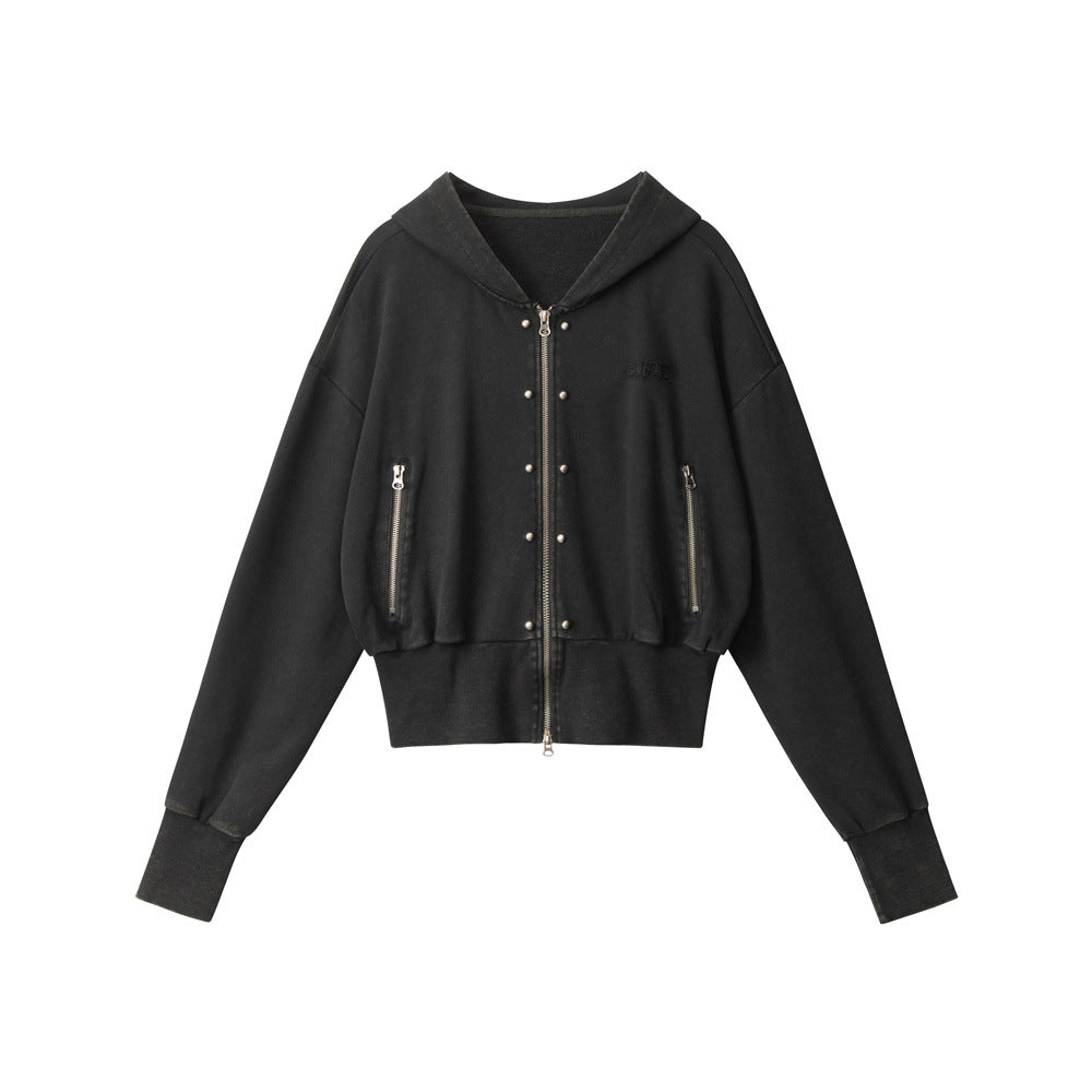 Streetwear Distressed Crop Hoodie for Women Short Fitted Outerwear