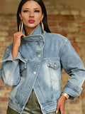 Streetwear Biker Style Washed Stand Collar Retro Denim Jacket Coat