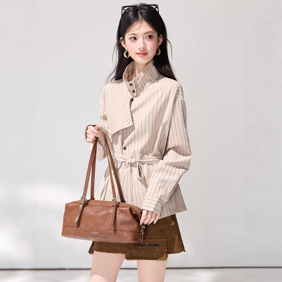 Light Brown Tie-Front Striped Shirt