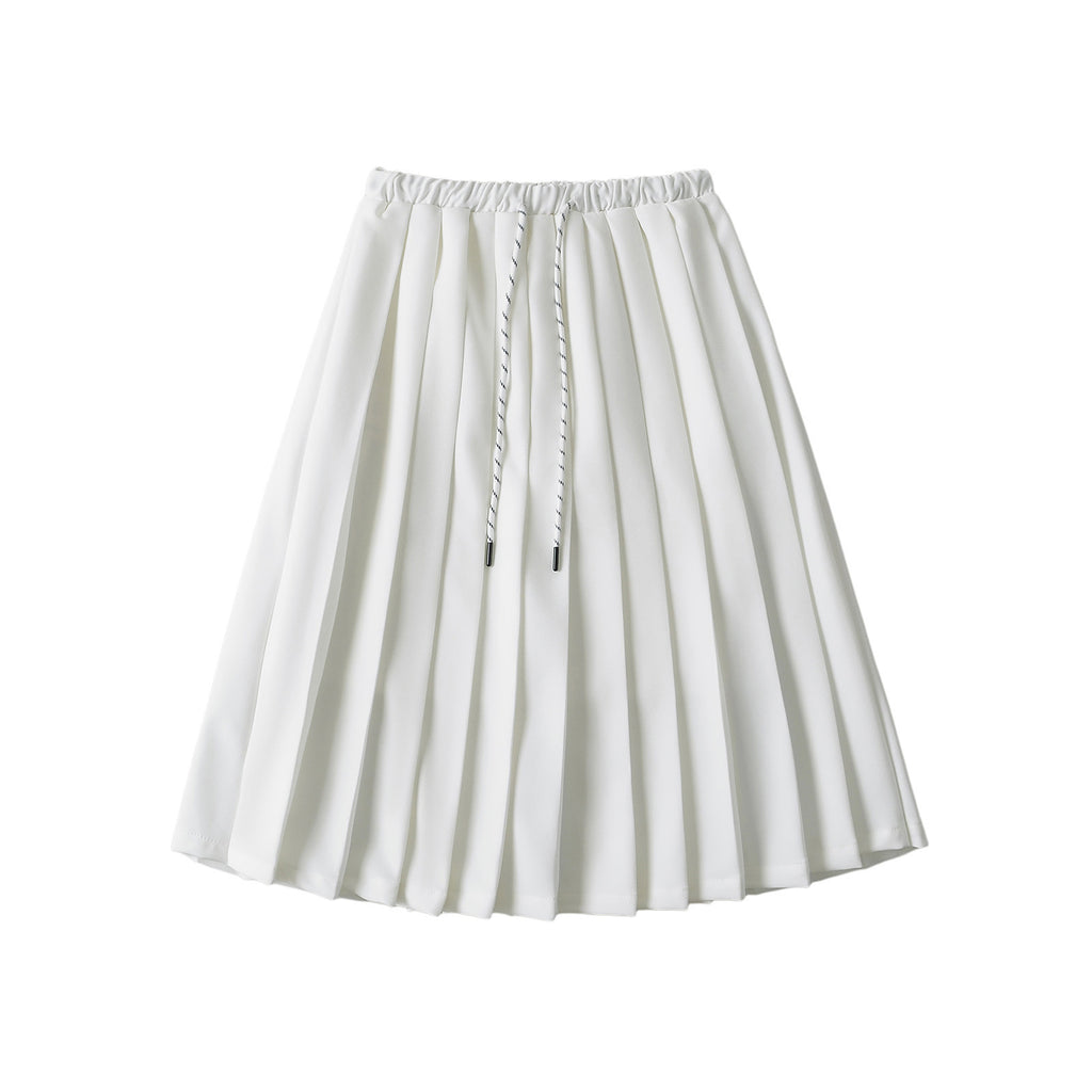 Streetwear High-Waisted Elastic Drawstring Mid-Length Pleated Skirt for Women