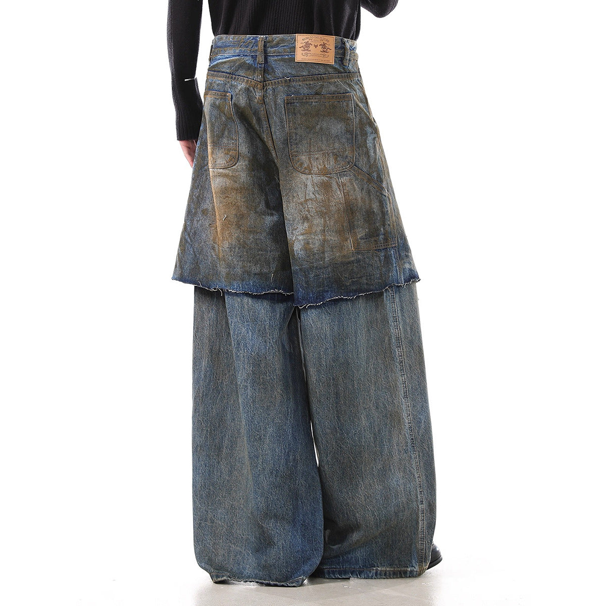 Dark Blue Distressed Faux Two-Piece Jeans