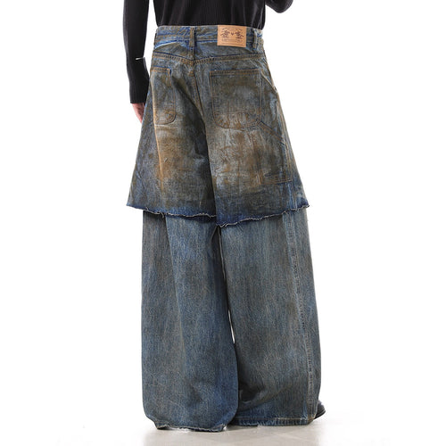 Dark Blue Distressed Faux Two-Piece Jeans