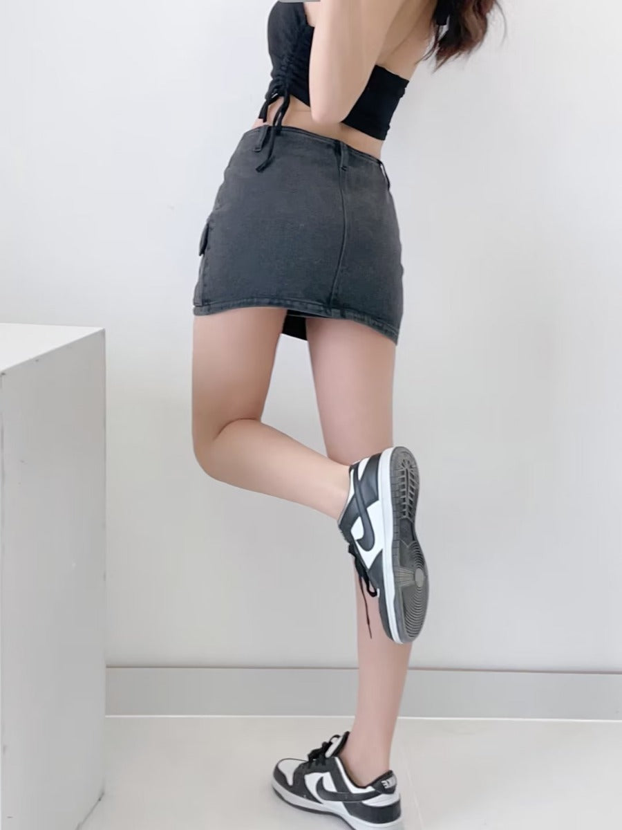 Front pocket short skirt solid color denim skirt half skirt
