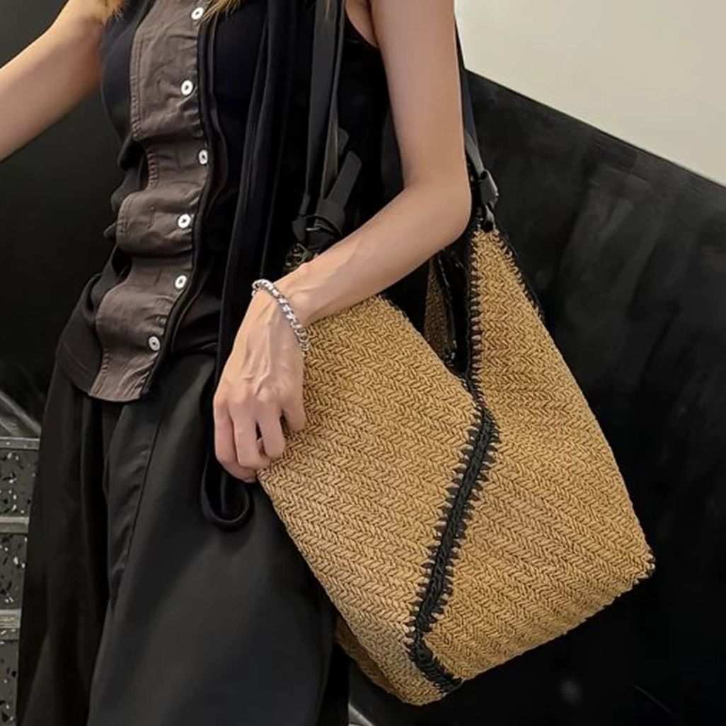 Khaki Woven Straw Tote Bag