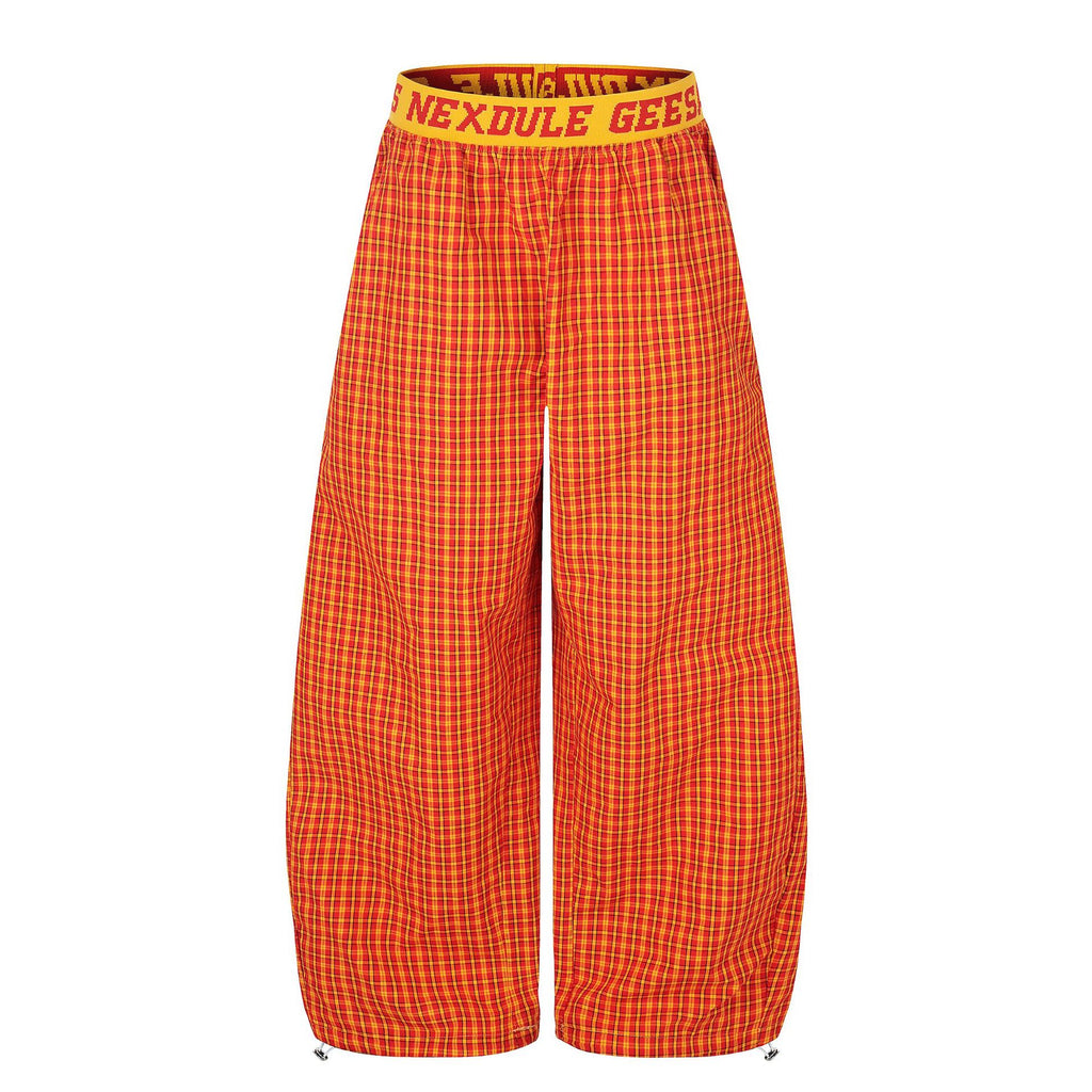 Orange Plaid Patchwork Wide-Leg Trousers