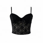 Black lace bustier crop top with thin shoulder straps, sweetheart neckline, and a front bow detail, shown on a plain white background.
