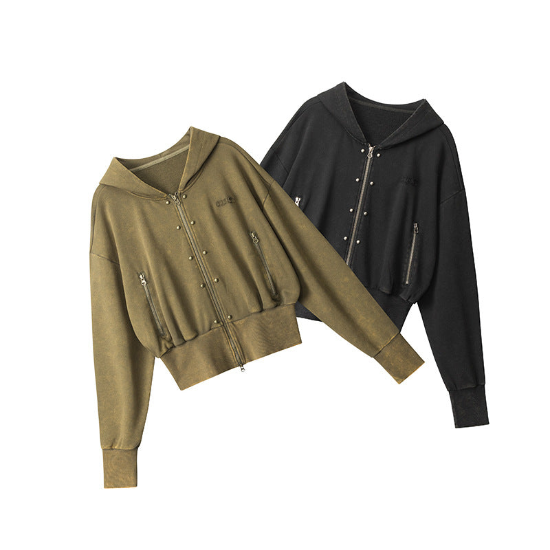 Streetwear Distressed Crop Hoodie for Women Short Fitted Outerwear