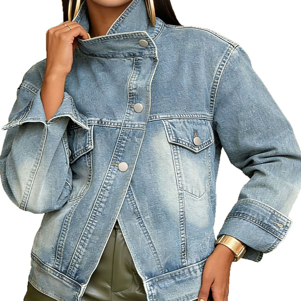 Streetwear Biker Style Washed Stand Collar Retro Denim Jacket Coat