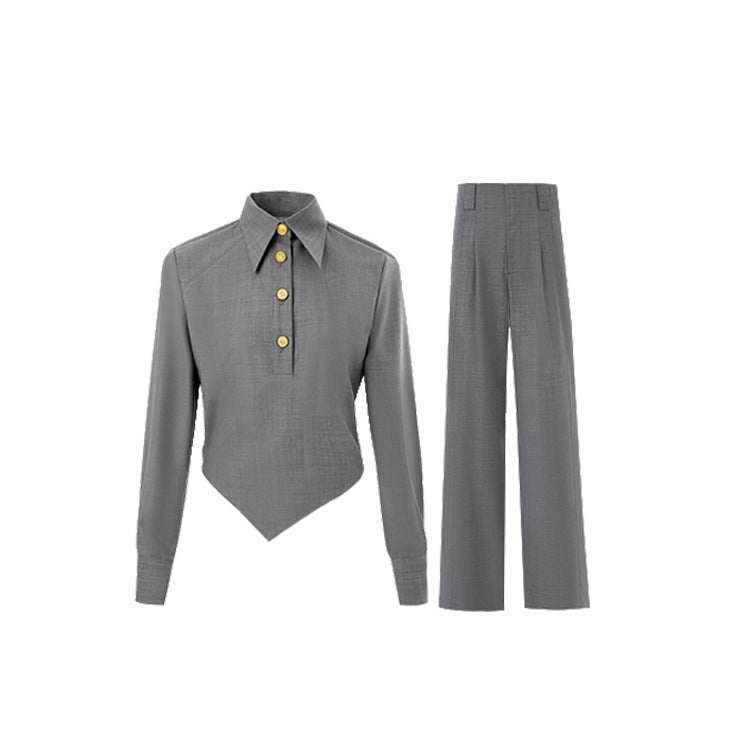 Thick Twill Texture Asymmetrical Bias-Cut Top & Trousers Outfit Set