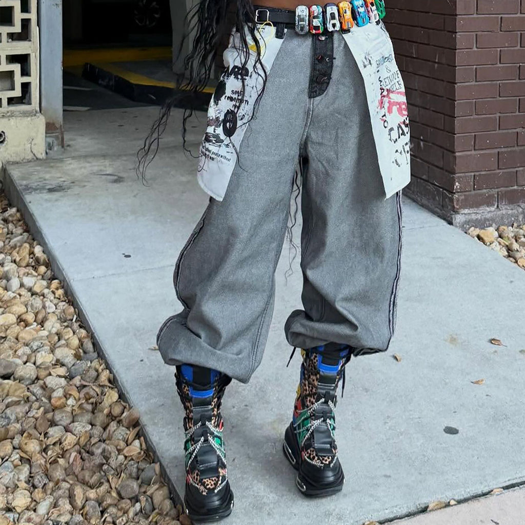 Black Reversible Printed Straight-Leg Jeans