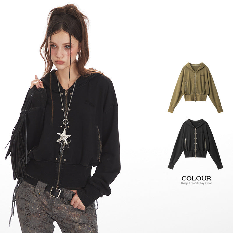 Streetwear Distressed Crop Hoodie for Women Short Fitted Outerwear