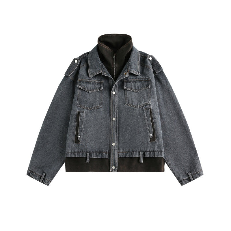 Streetwear Patchwork Faux Two-Piece Short Retro Loose Denim Jacket