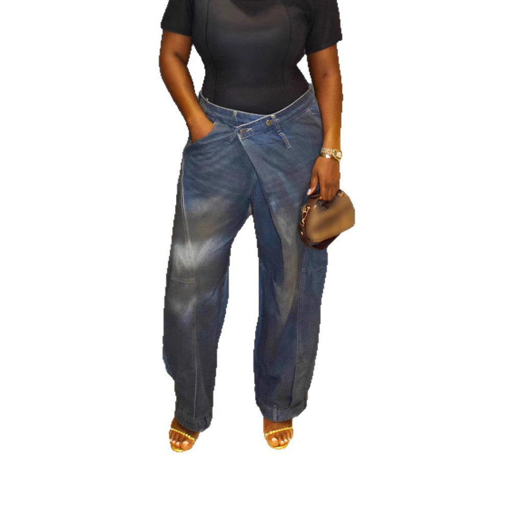 Blue Washed Distressed Knife-Cut Jeans