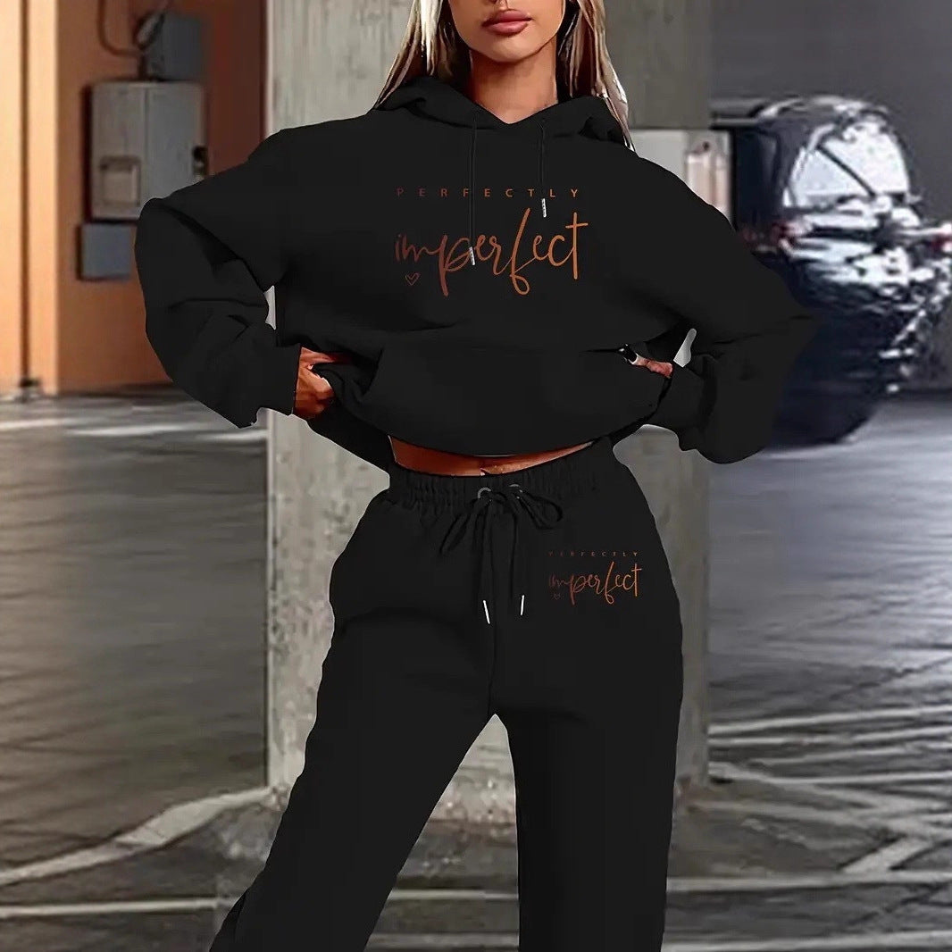 Hooded Letter Print Oversized Streetwear Casual Set with Fleece Lining