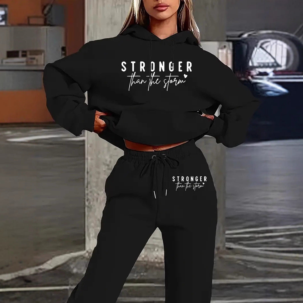 Hooded Letter Print Oversized Streetwear Casual Set with Fleece Lining