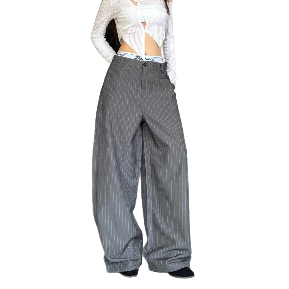 Grey Striped Wide-Leg Trousers