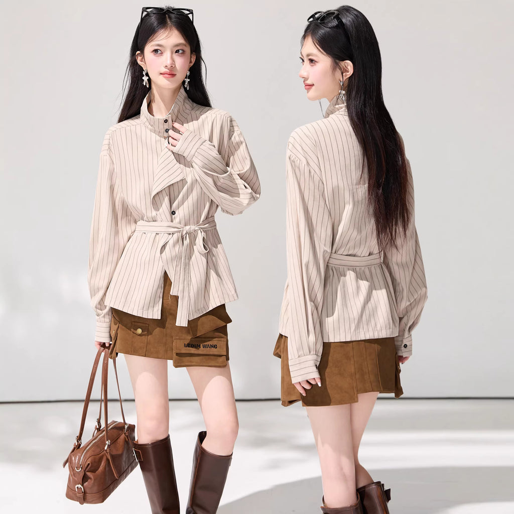 Light Brown Tie-Front Striped Shirt