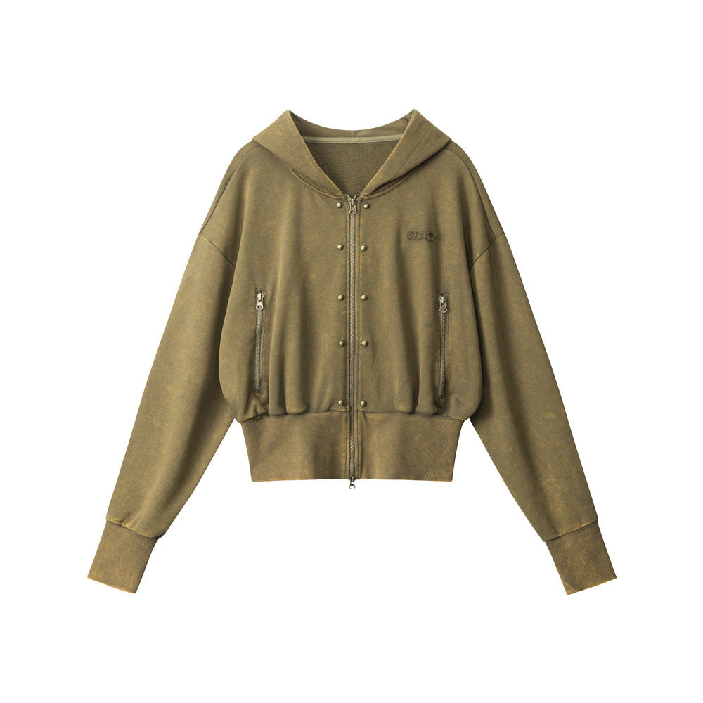 Streetwear Distressed Crop Hoodie for Women Short Fitted Outerwear