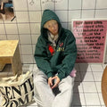 Unisex Green Letter-Print Retro Hooded Jacket