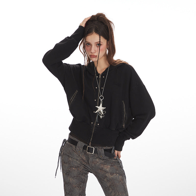 Streetwear Distressed Crop Hoodie for Women Short Fitted Outerwear