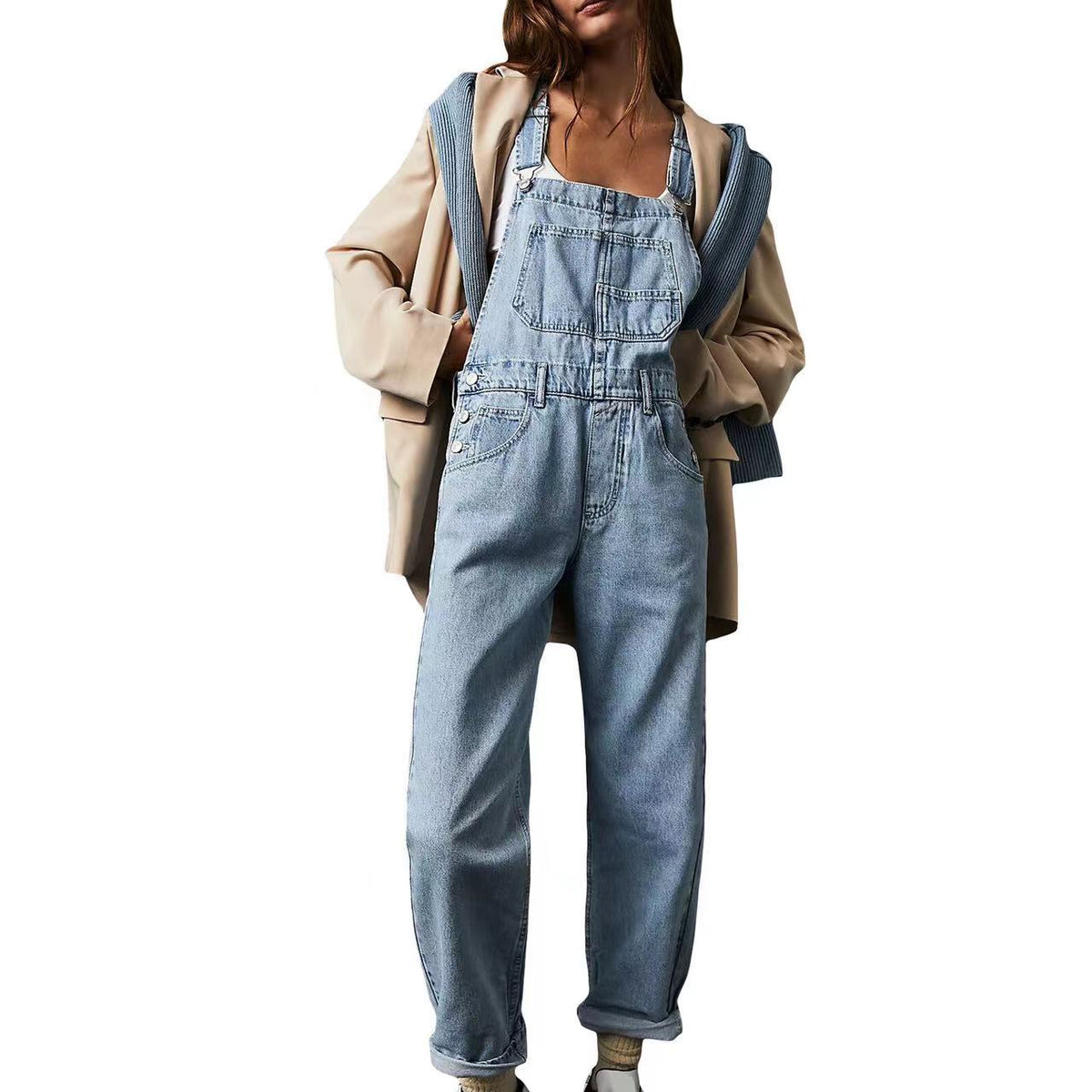 Women's Fashionable Casual Streetwear Loose Fitting Denim Straps Long Pants