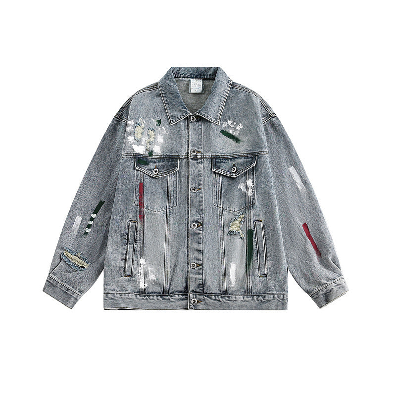 Ripped Paint-Style Denim Jacket for Women, Urban Streetwear Casual Outerwear