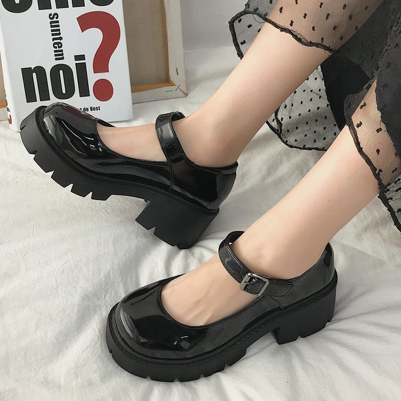 Black Patent Platform Mary Jane Heels