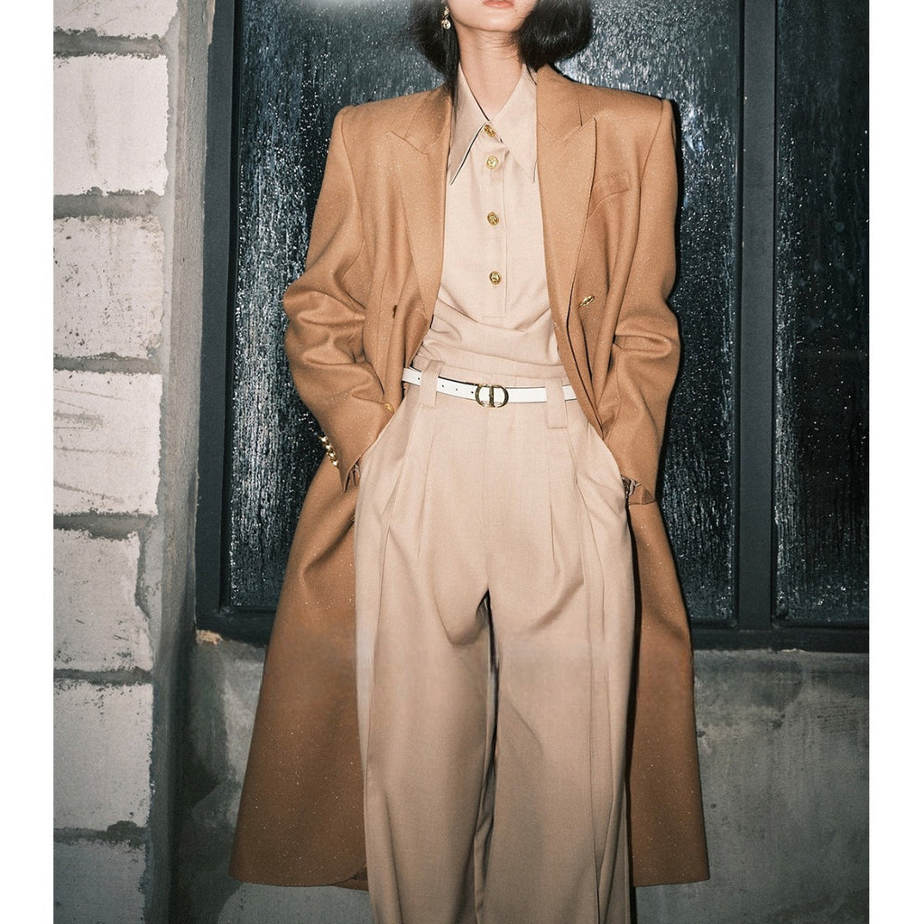 Thick Twill Texture Asymmetrical Bias-Cut Top & Trousers Outfit Set