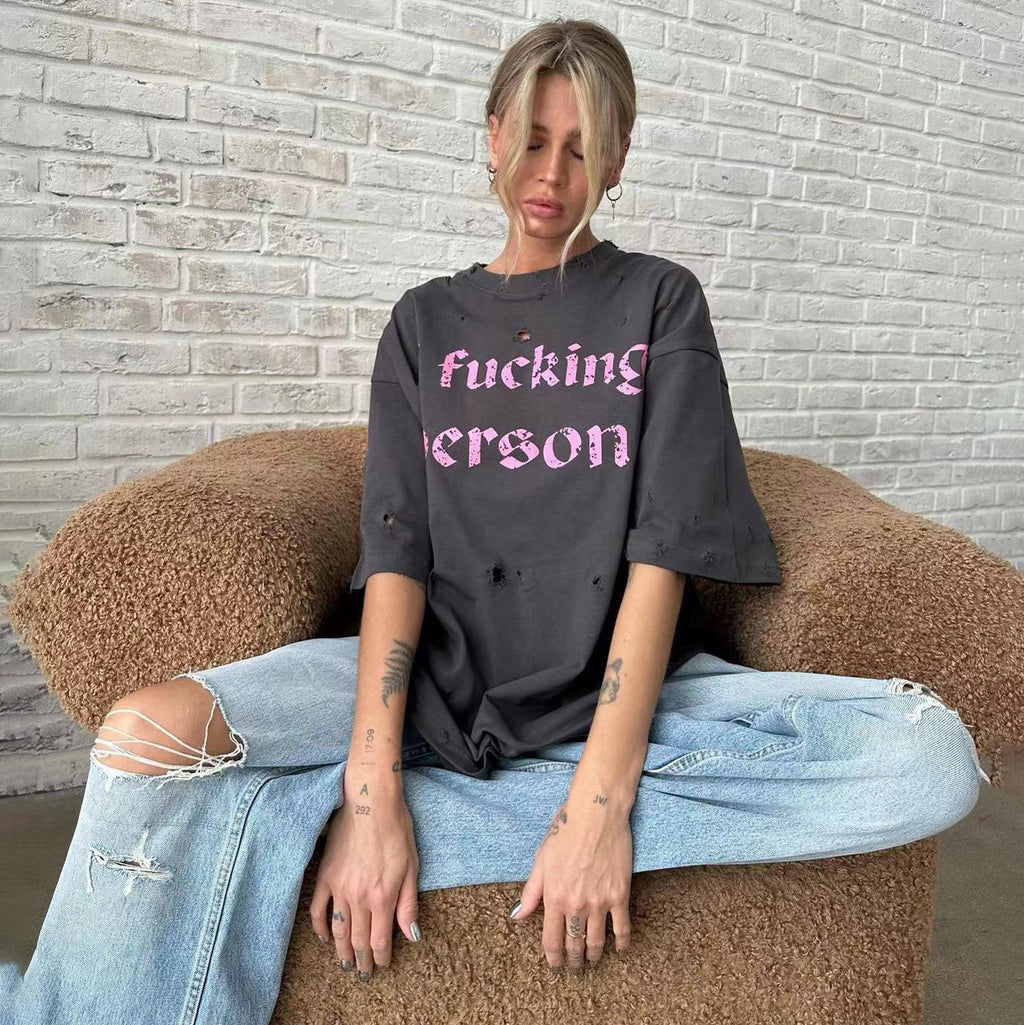 Print Design Distressed Streetwear Unisex Mid-Length T-Shirt