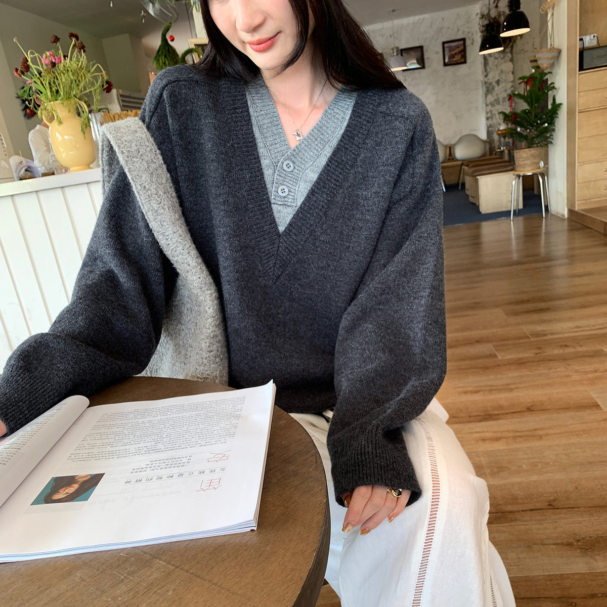 Two-Piece Layered V-Neck Knit Sweater