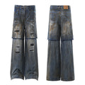Dark Blue Distressed Faux Two-Piece Jeans