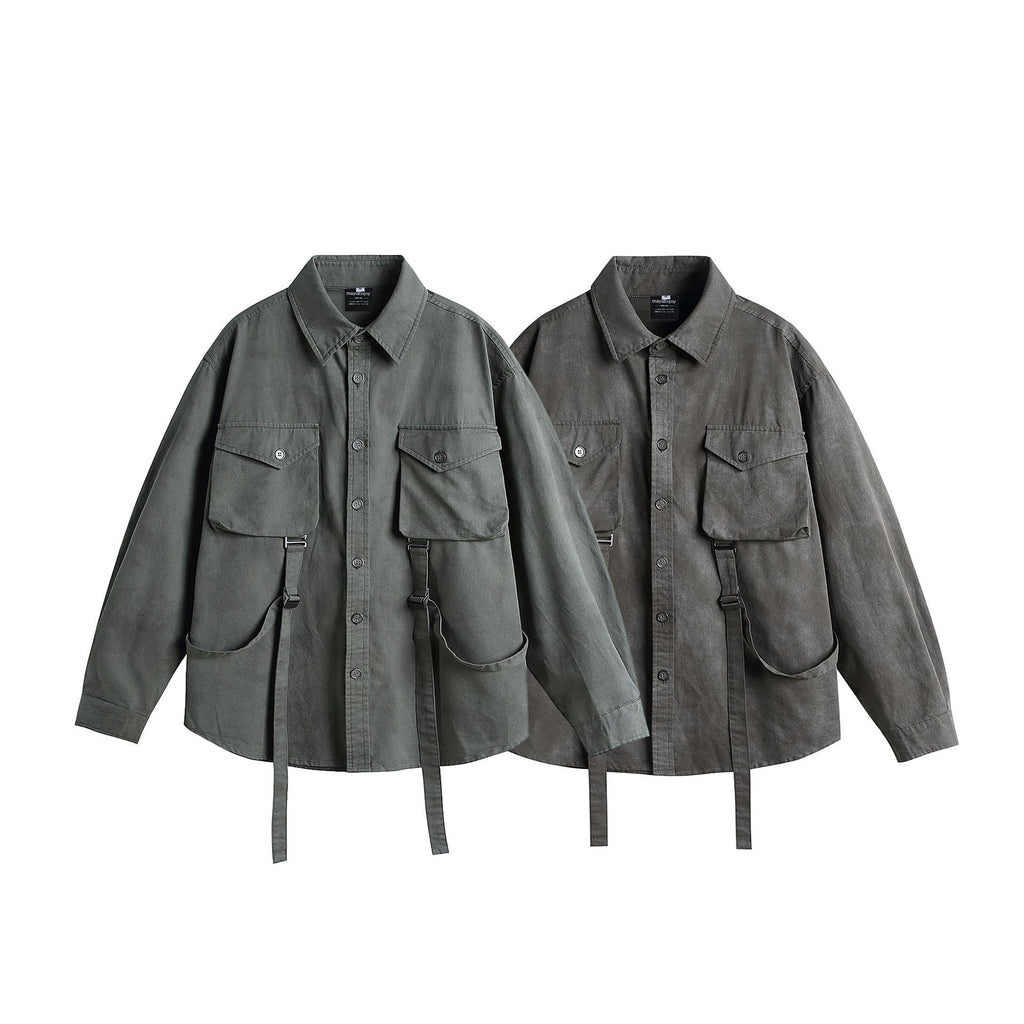 Casual Streetwear Vintage Tactical Belted Long Sleeve Shirt