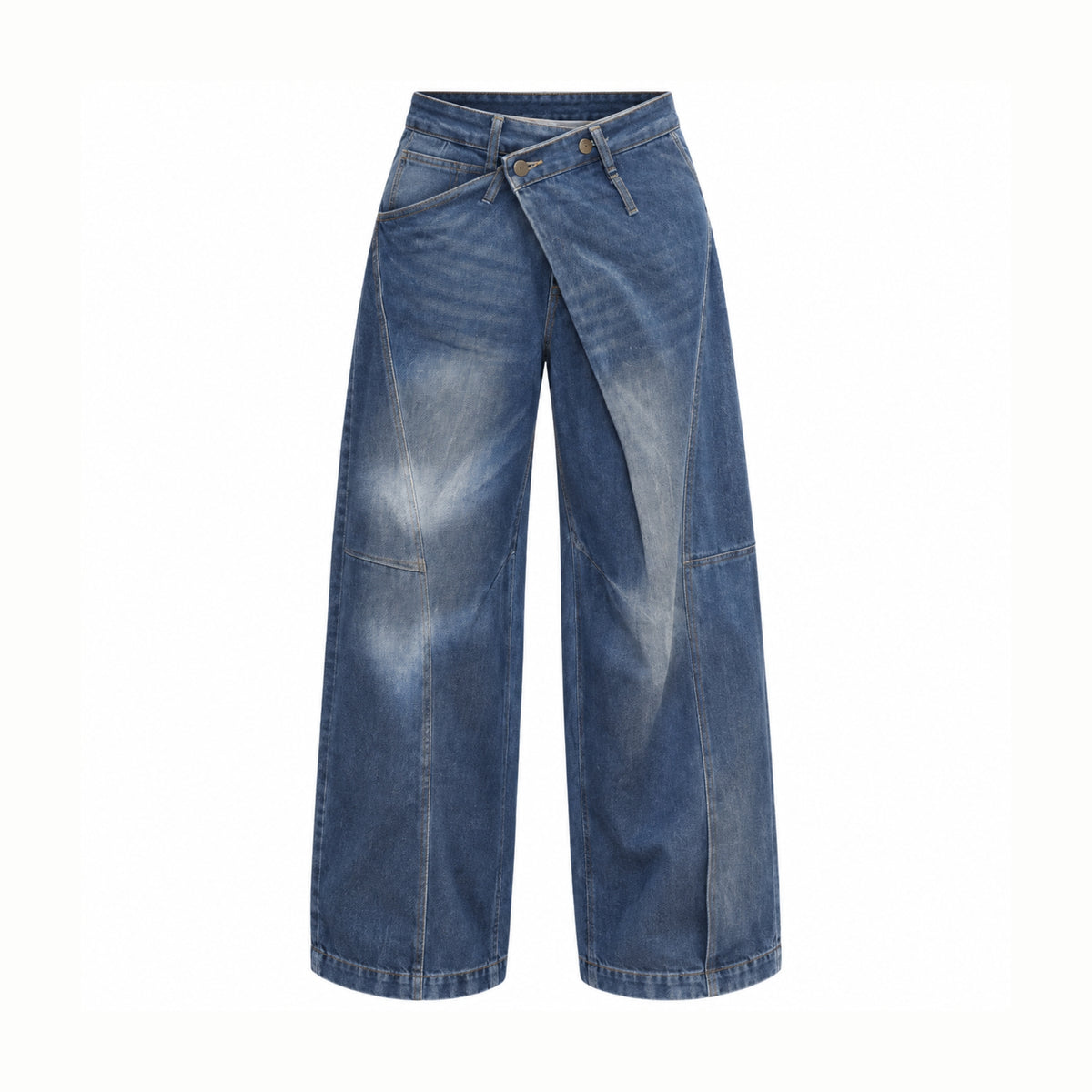 Asymmetric Washed Distressed Knife-Cut Jeans