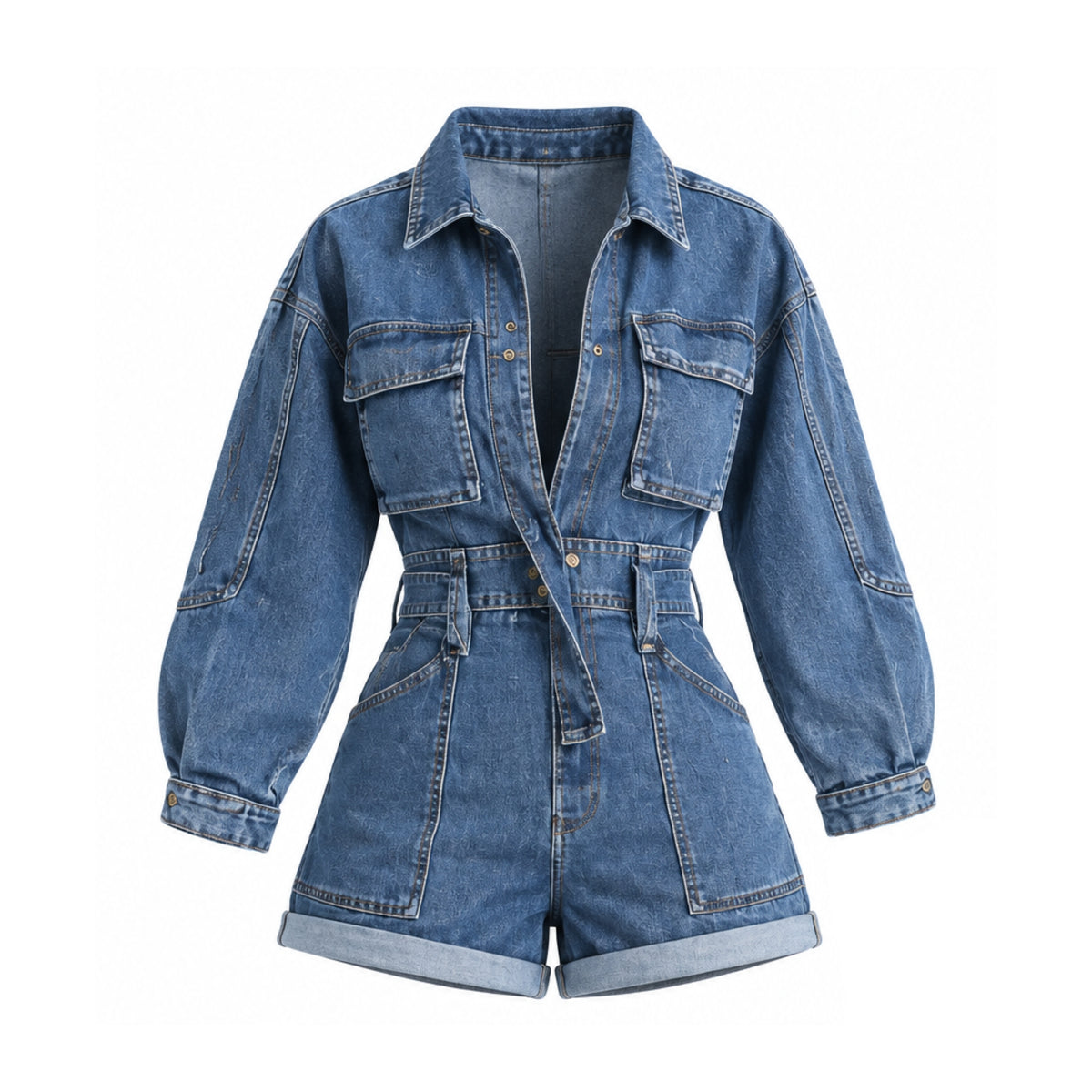 A blue denim shortalls jumpsuit with a button-front closure, chest flap pockets, long sleeves with button cuffs, and a matching denim belt at the waist, shown on a plain white background.