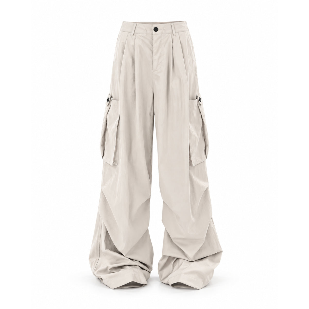 A pair of wide-leg cargo pants in a light beige or oatmeal color, featuring a button waist, pleated front, and large side cargo pockets, shown against a plain white background.