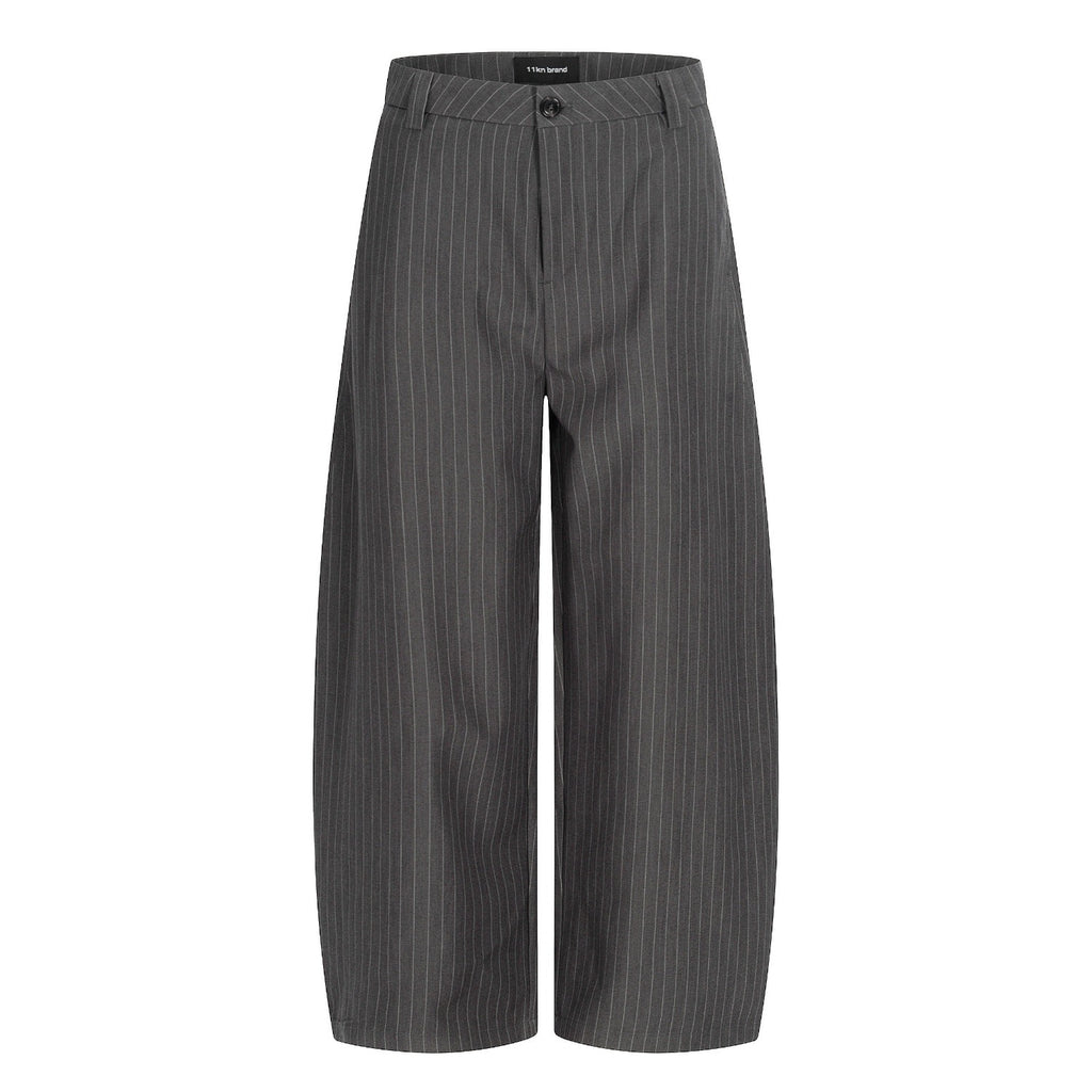 A pair of wide-leg cropped trousers in dark gray with thin white pinstripes, shown against a plain white background.