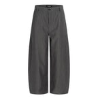 A pair of wide-leg cropped trousers in dark gray with thin white pinstripes, shown against a plain white background.