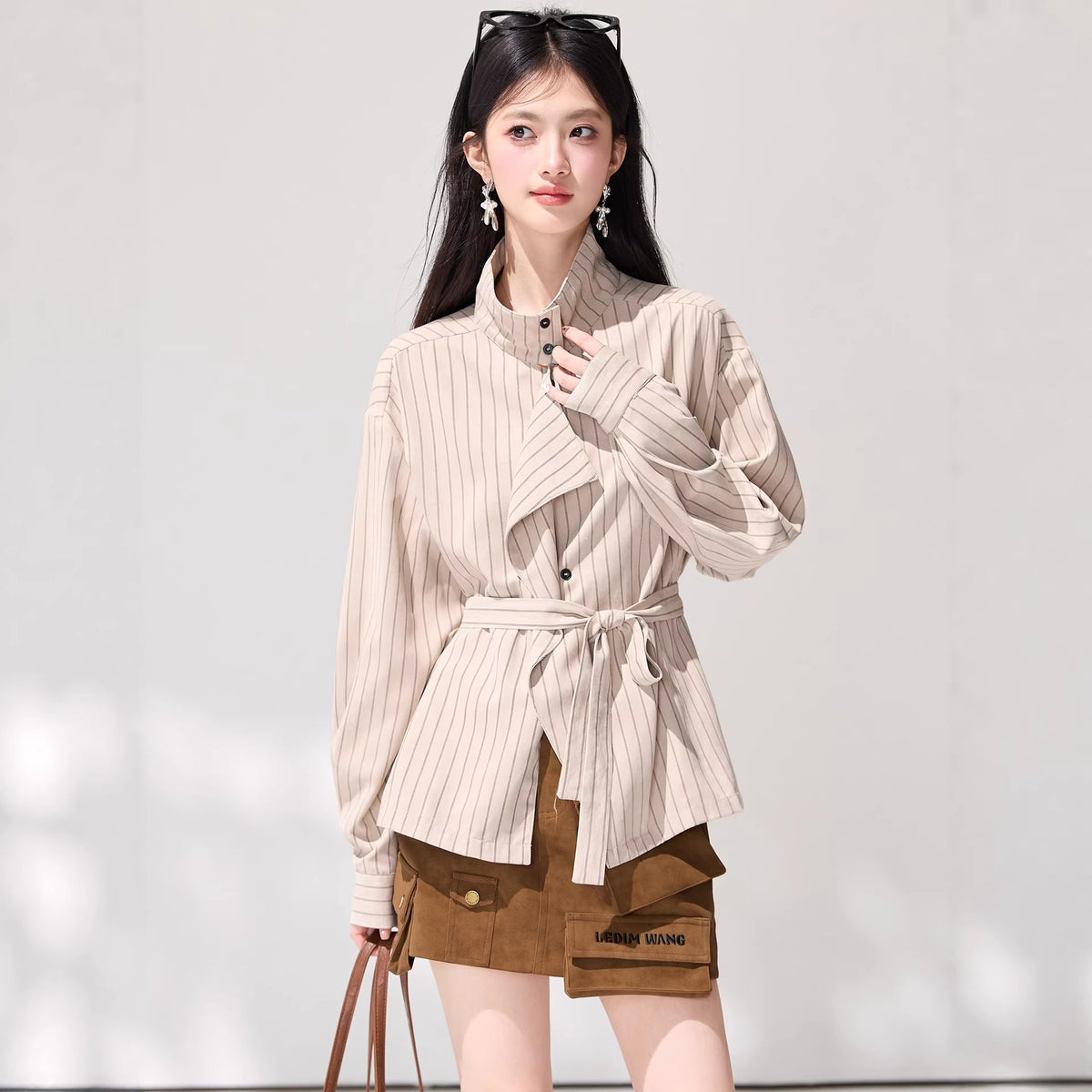 Light Brown Tie-Front Striped Shirt