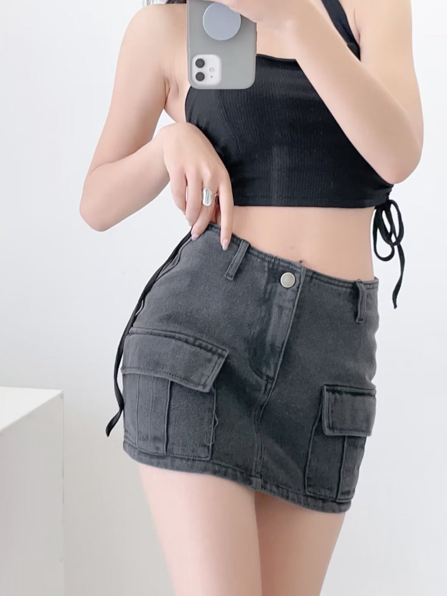 Front pocket short skirt solid color denim skirt half skirt