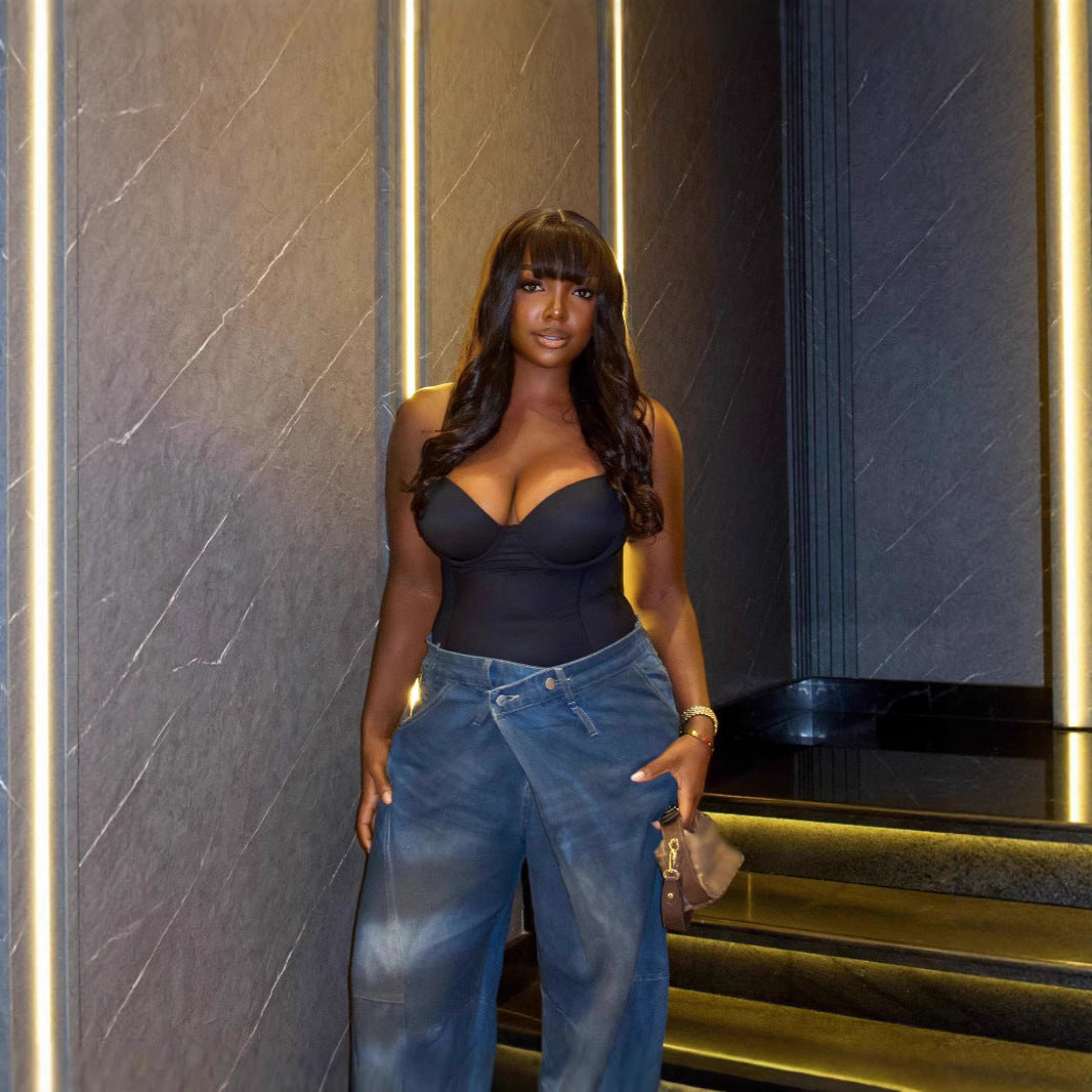 Blue Washed Distressed Knife-Cut Jeans
