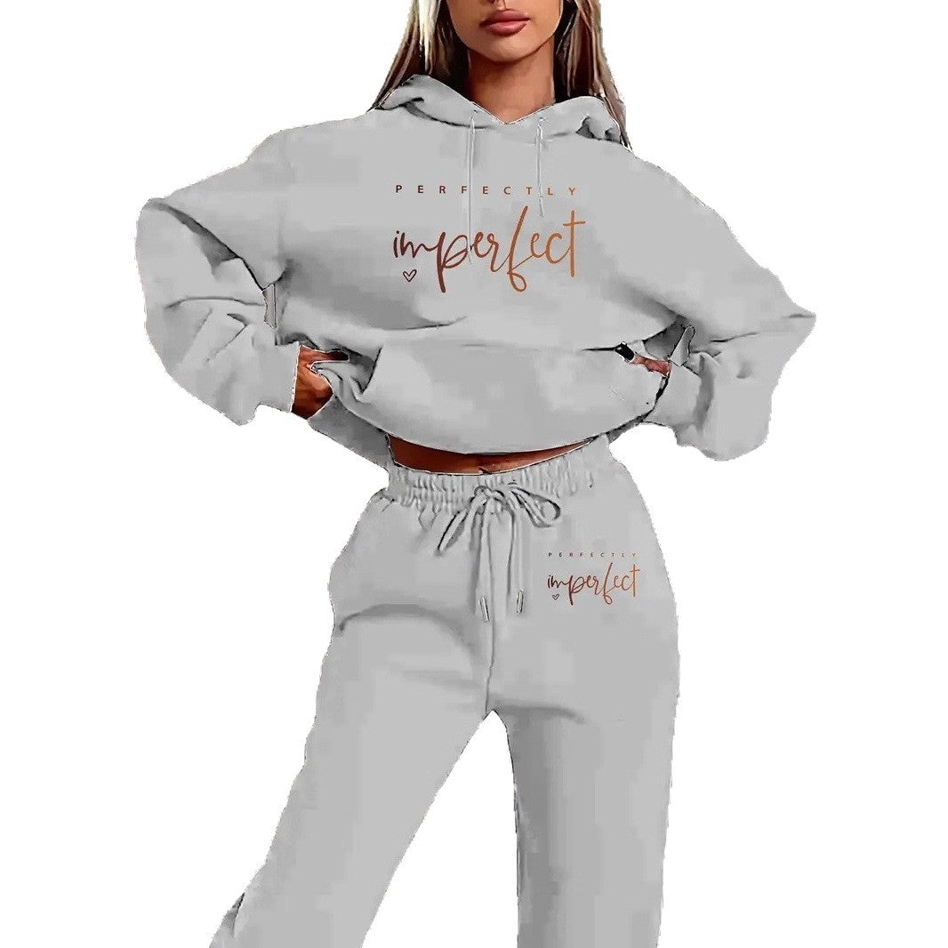 Hooded Letter Print Oversized Streetwear Casual Set with Fleece Lining