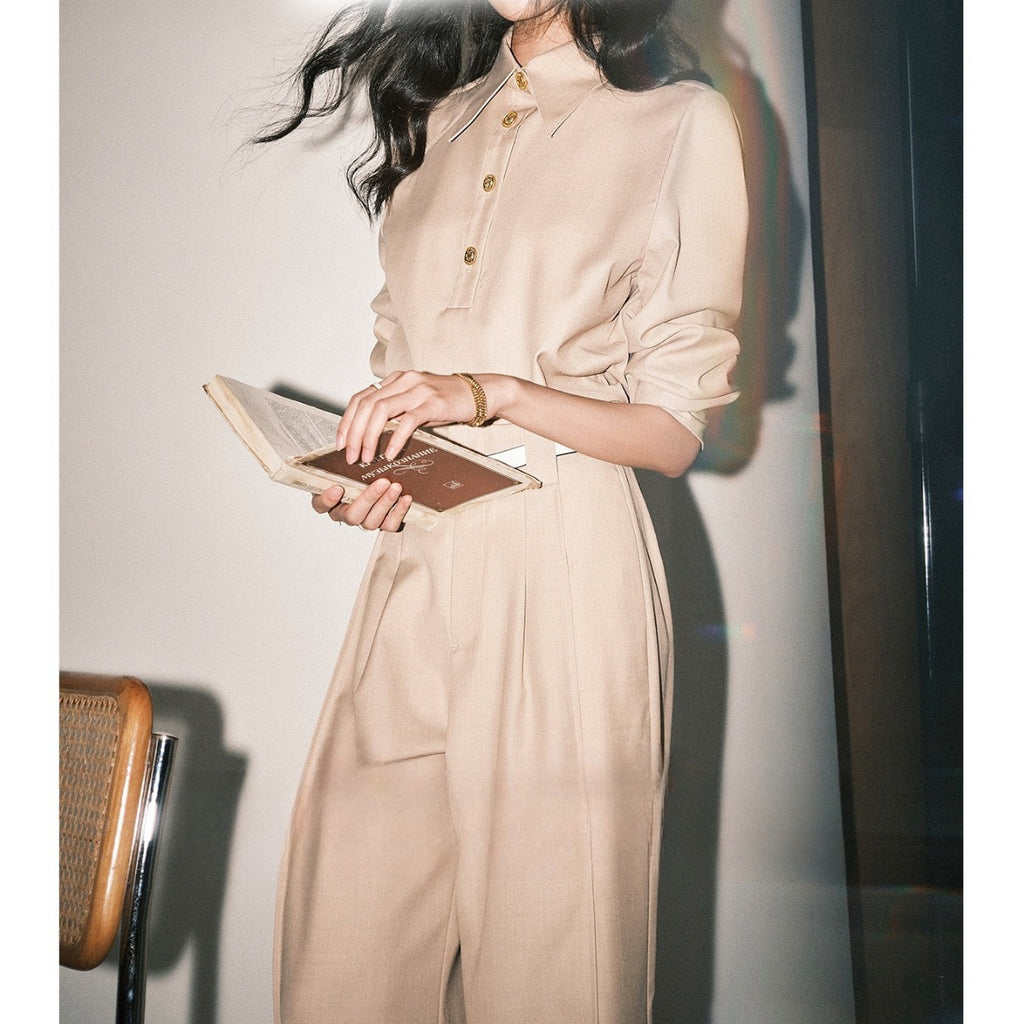 Thick Twill Texture Asymmetrical Bias-Cut Top & Trousers Outfit Set