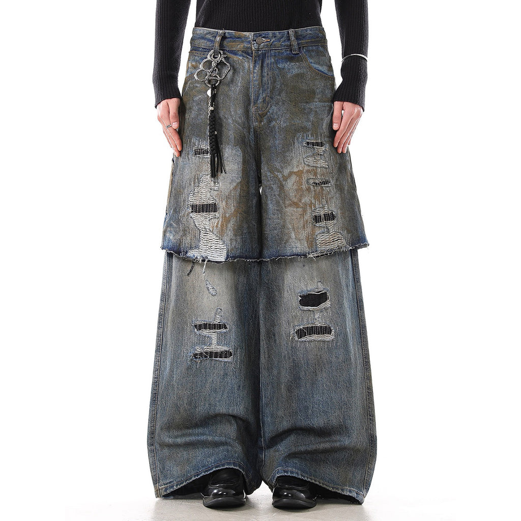 Dark Blue Distressed Faux Two-Piece Jeans
