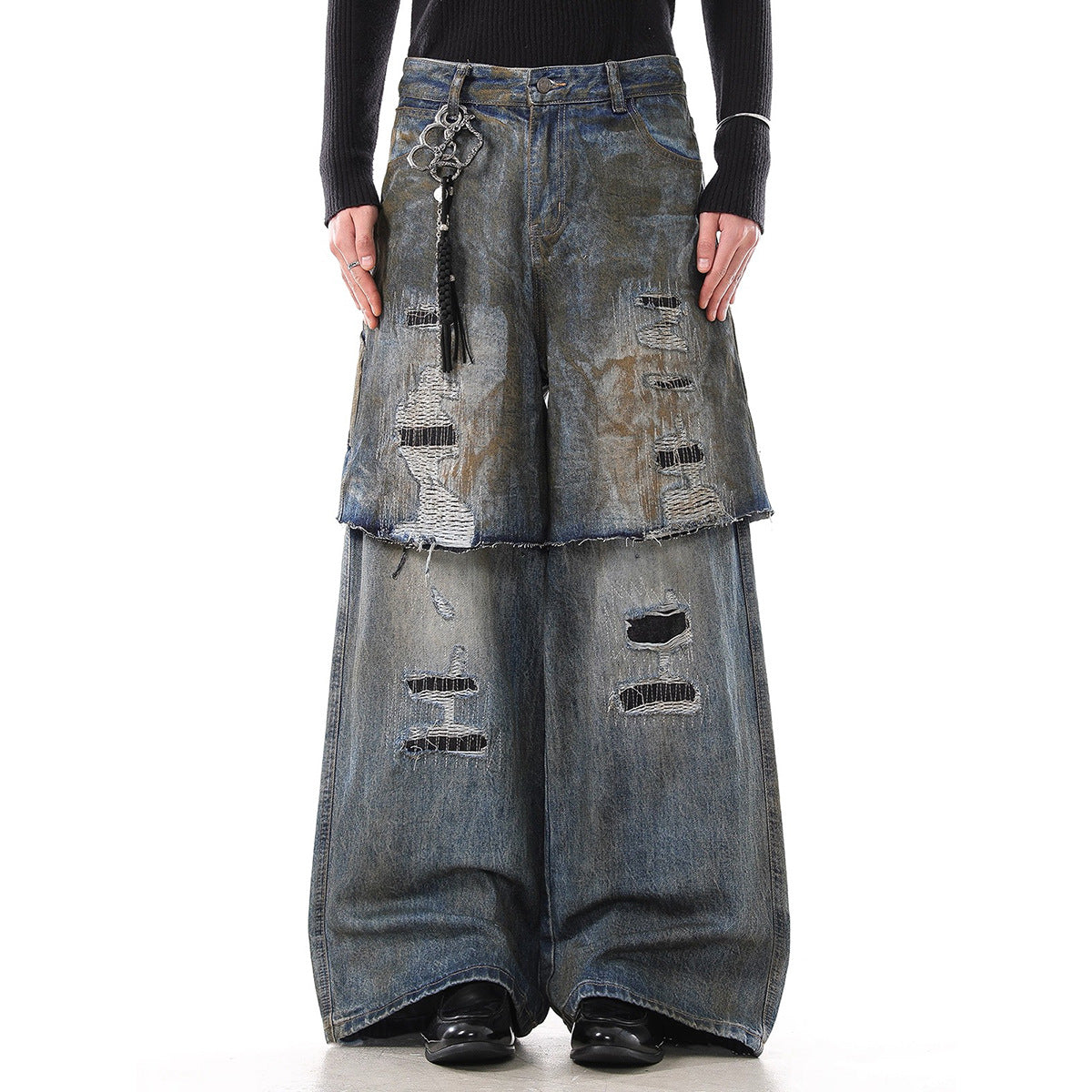 Dark Blue Distressed Faux Two-Piece Jeans