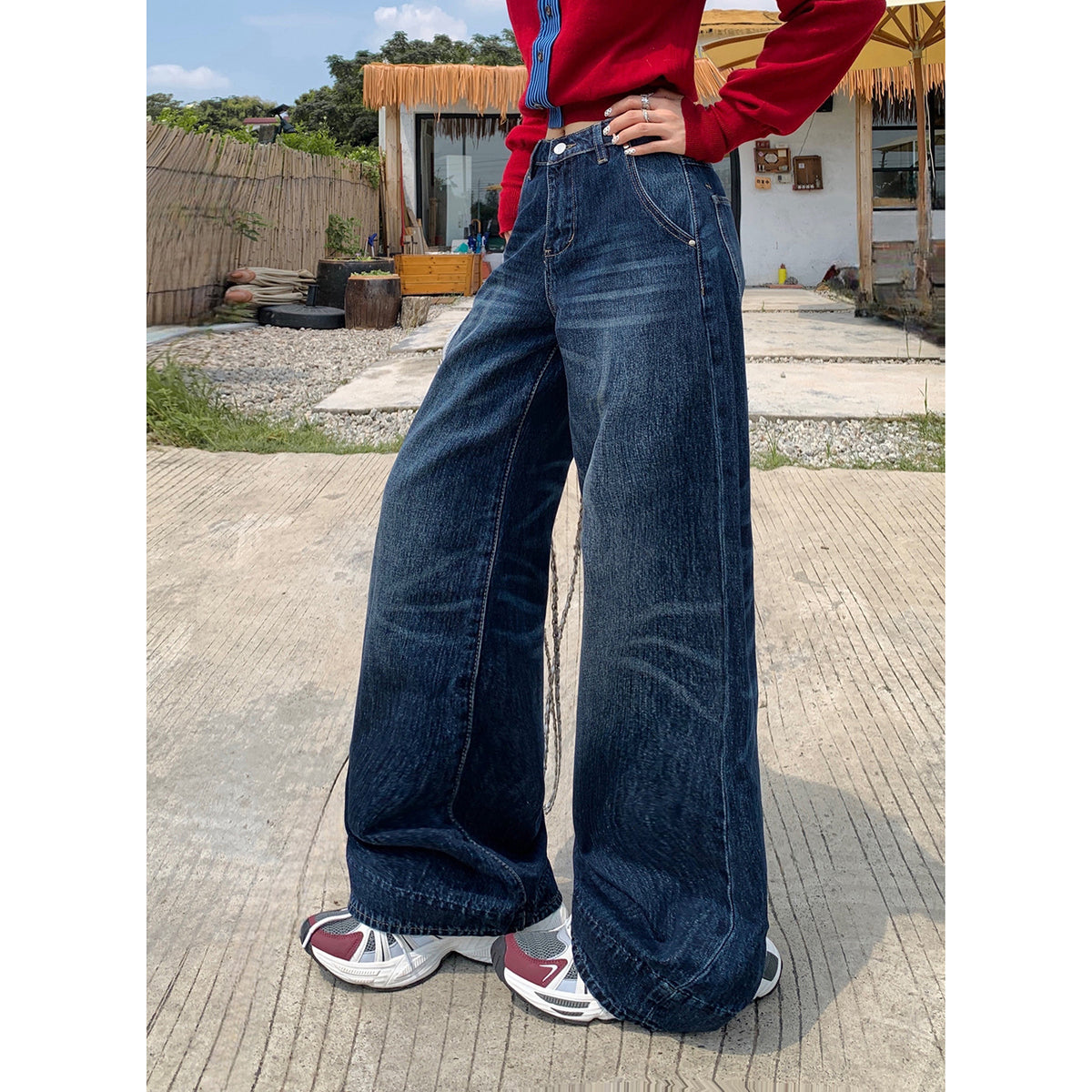 Wide-Leg Jeans Women Slim-Fit Streetwear Cat-Whisker Pants