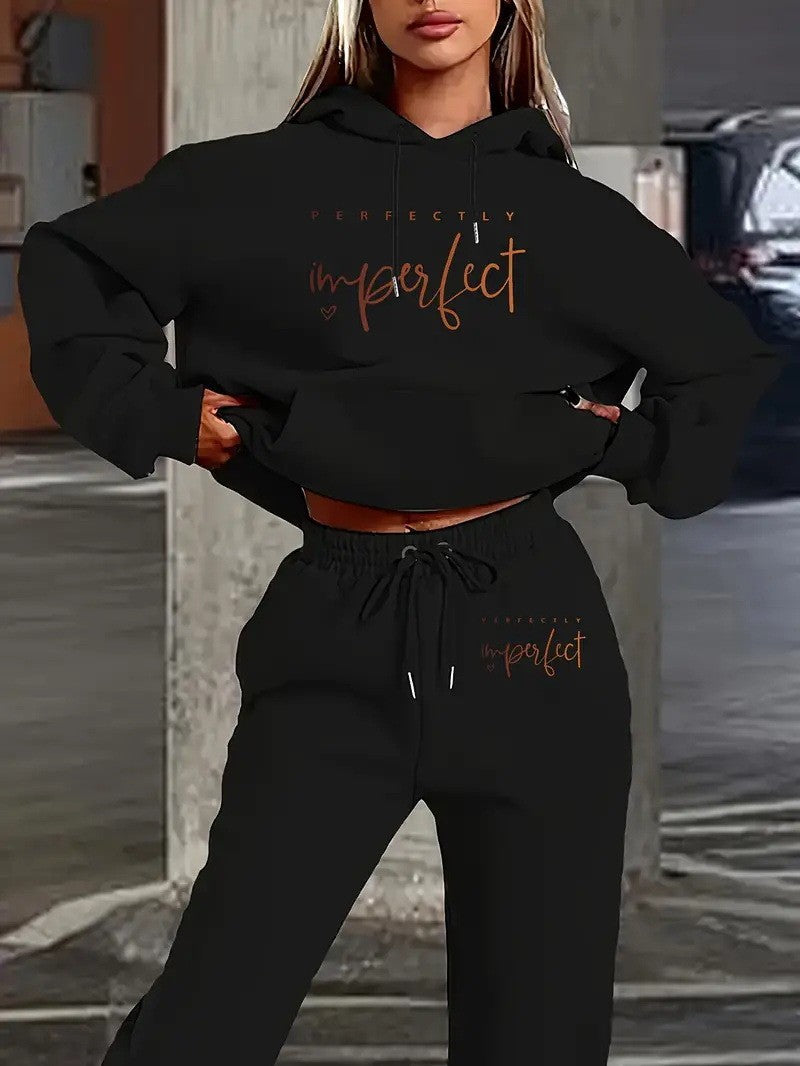 Hooded Letter Print Oversized Streetwear Casual Set with Fleece Lining