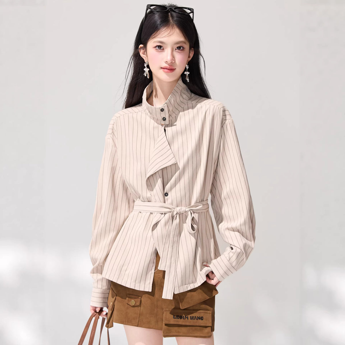Light Brown Tie-Front Striped Shirt
