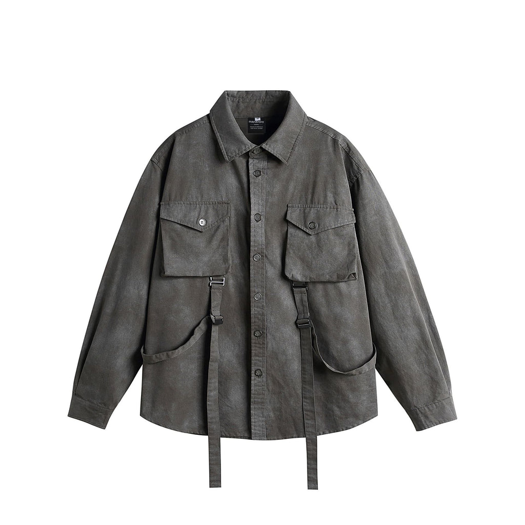 Casual Streetwear Vintage Tactical Belted Long Sleeve Shirt
